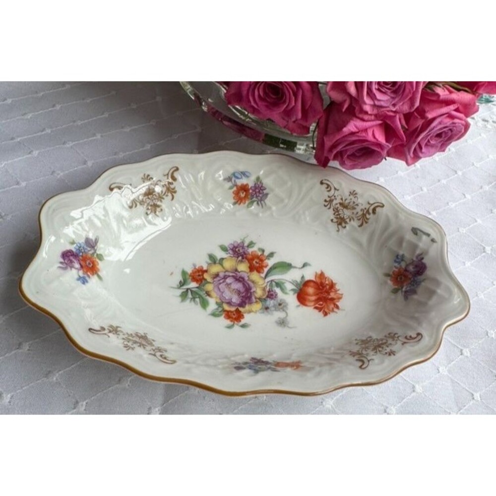 Schumann Bavaria Serving Bowl Gilt Dresden Floral Oval Scalloped Porcelain - Picture 10 of 14